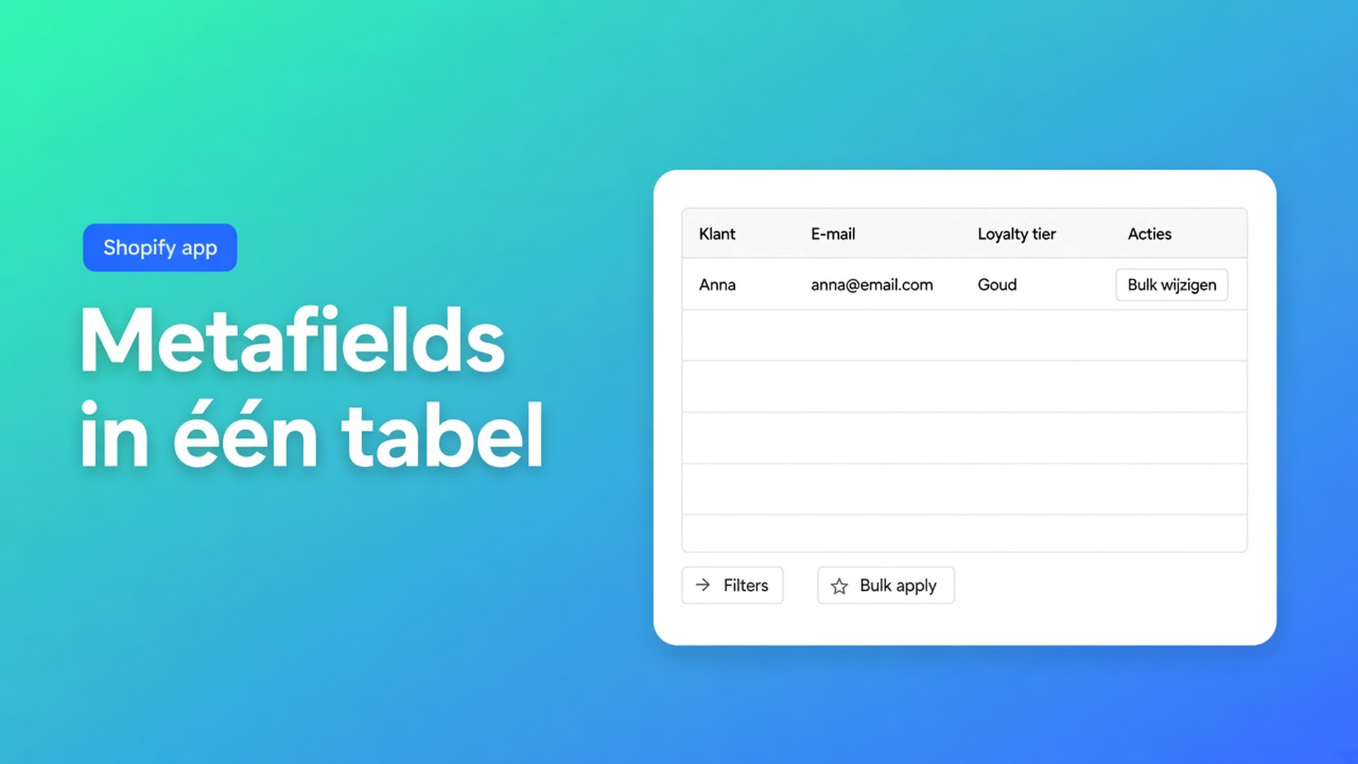 Shopify klant metafields bulk bewerken als kolommen in de spreadsheet. Alleen gedefinieerde velden; niet-ondersteunde types blijven read-only.