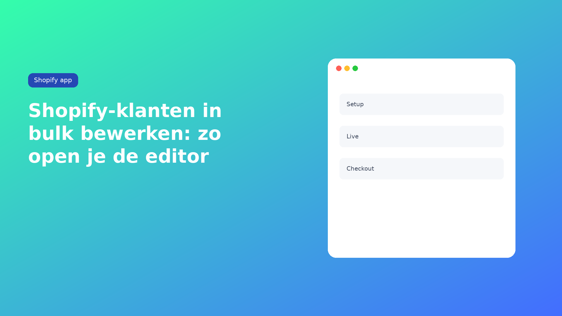 Shopify klanten edit in bulk openen: Customers → More actions of Start editing. read_customers en write_customers; beperkte staff mist segmenten.