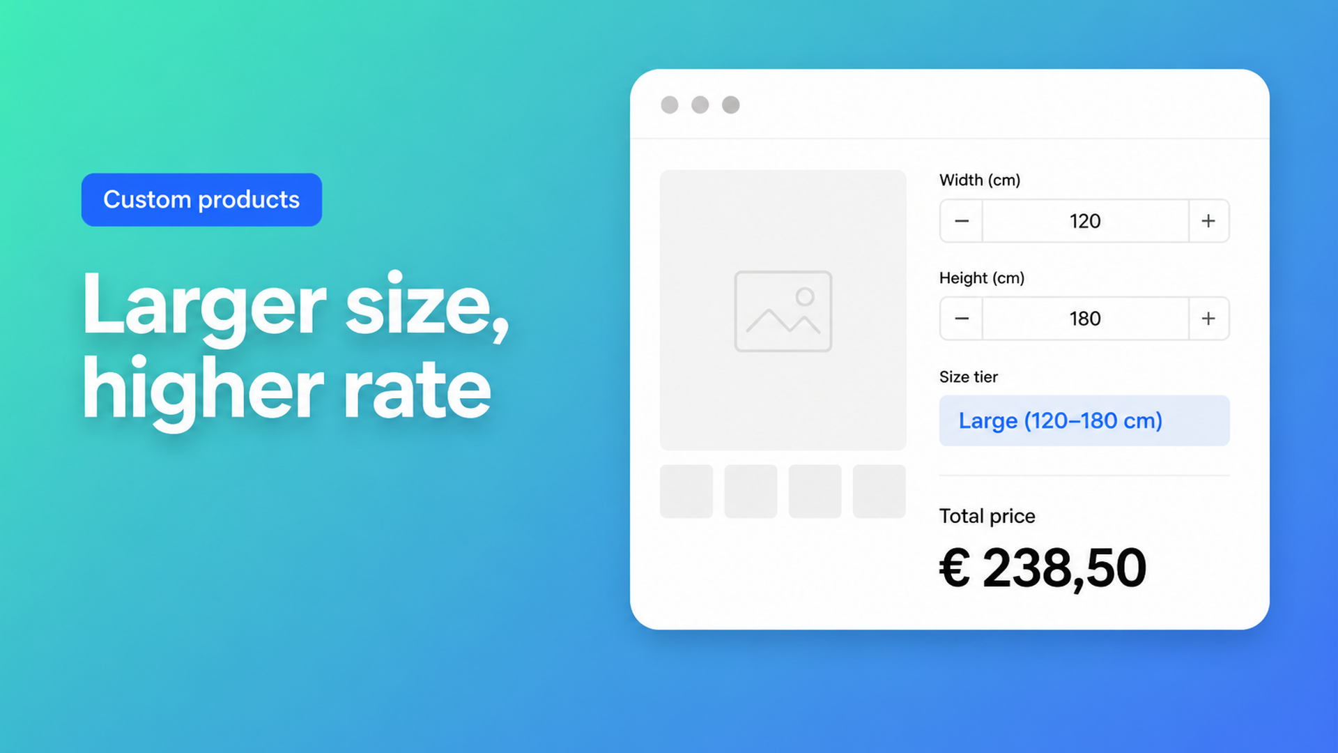 Shopify tiered pricing by size: raise the m² rate above a width threshold, without a variant per centimetre. Premium conditional formulas.