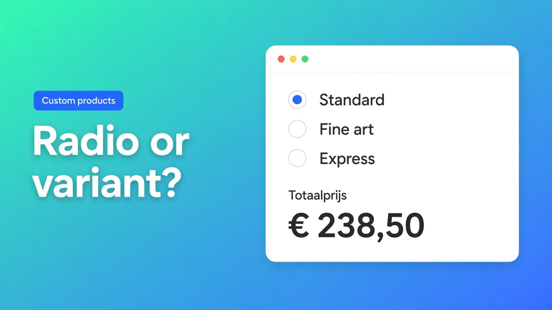 Shopify radio buttons vs variants: use a radio when the choice only changes price, a variant when you stock the combo. Live total, no extra matrix.