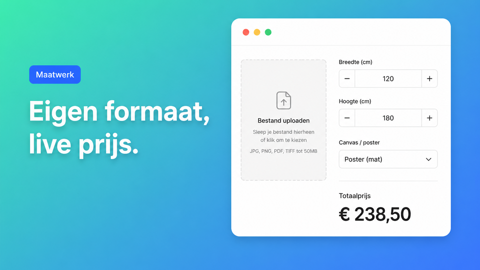 Print on demand eigen formaat Shopify: klant vult cm in, uploadt artwork en ziet de prijs live — zonder een variant per posterformaat.