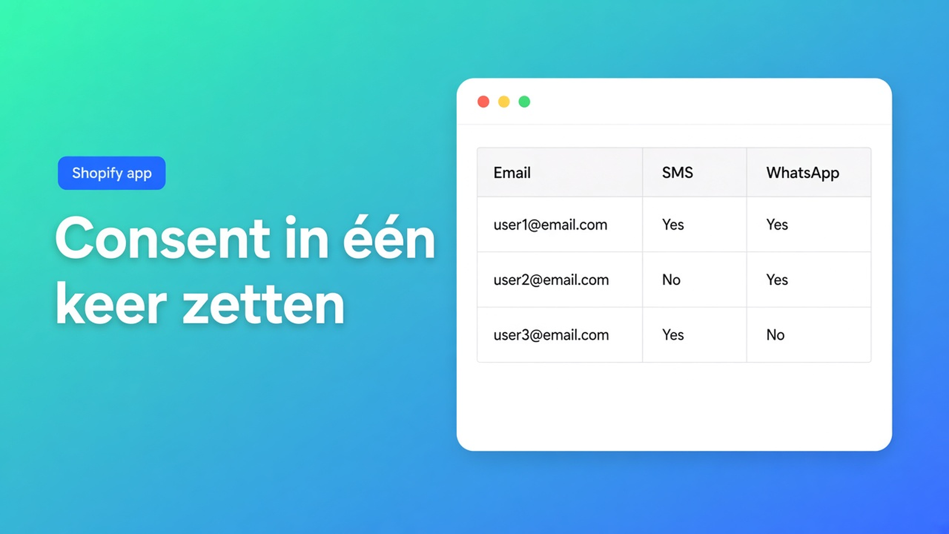 Shopify marketing consent bulk updaten: e-mail, SMS en WhatsApp in de spreadsheet. Subscribed alleen met geldige opt-in — Shopify blokkeert de rest.