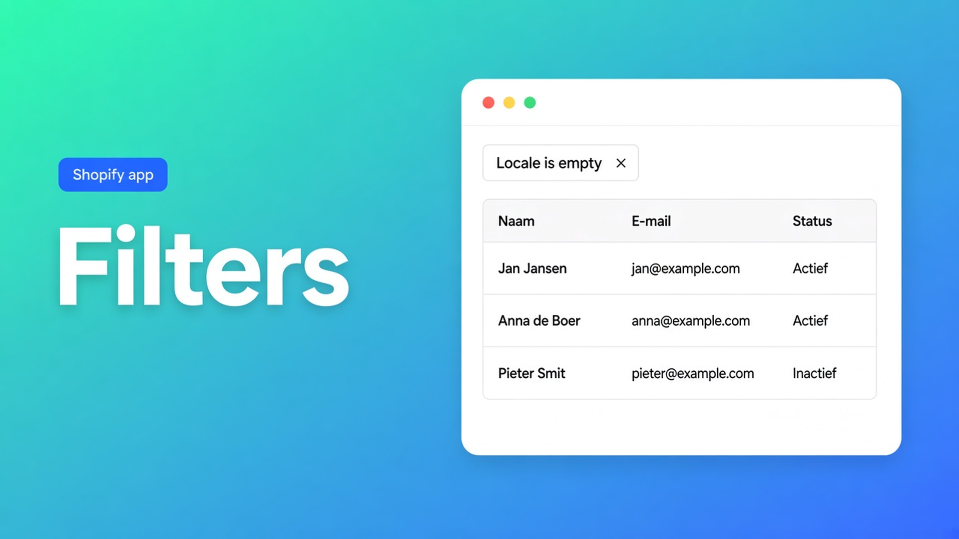 Shopify klanten filteren bulk editor: locale is empty, tax exempt is no. Eerst de set, dan Select all matching tot 50.000 — niet andersom.