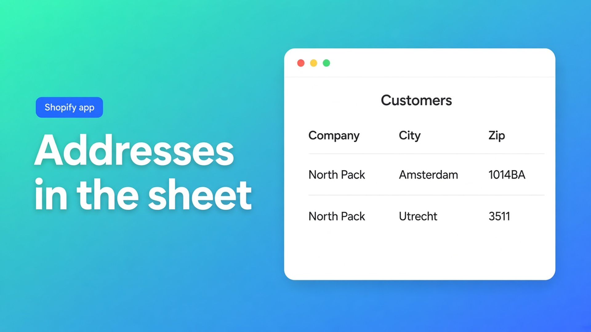 Shopify bulk edit customer addresses in the spreadsheet: company, street, city, province/country codes, zip, phone. Only changed fields go to Shopify.