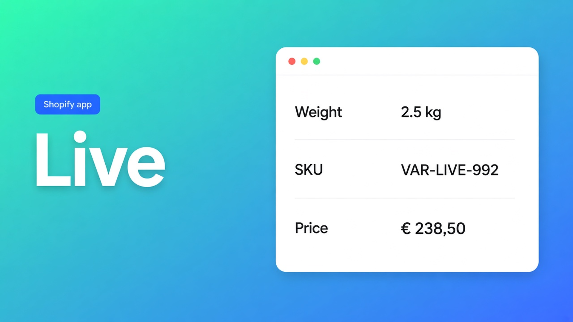 Shopify specs table live product fields: Weight, Price, and SKU as Shopify modules. Custom text still says 1.2 kg after the variant moved to 1.8.