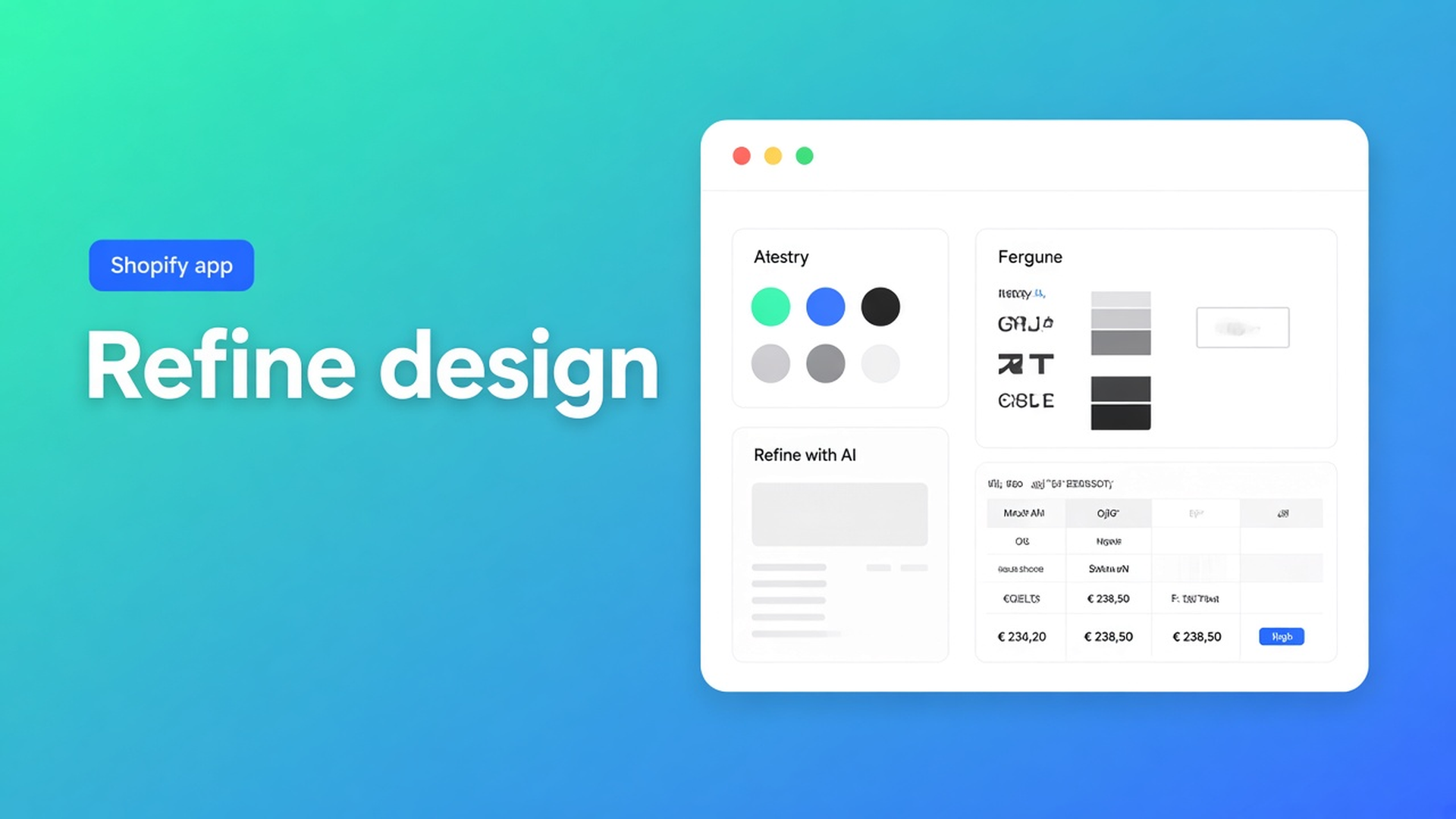 Shopify AI refine table design on the Design step: write a look, drop a screenshot, or paste a URL. Structure stays until you confirm the overrides.