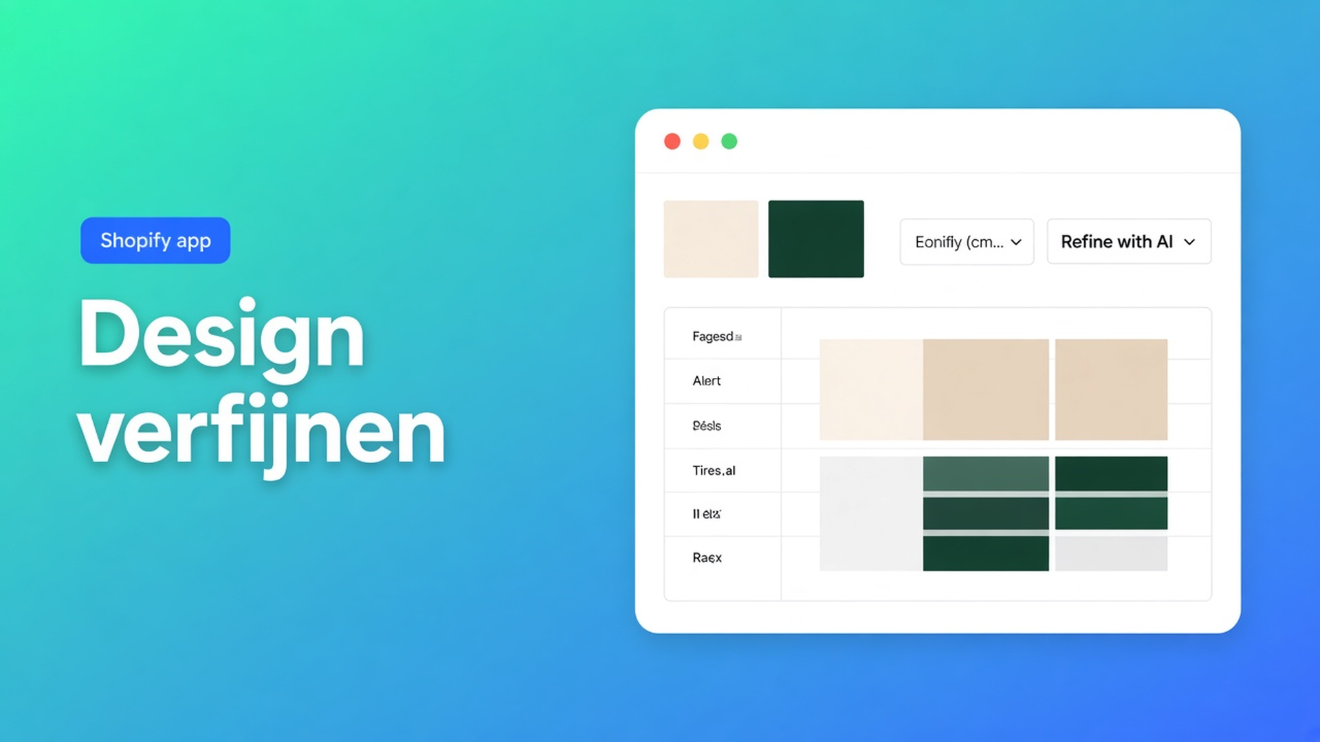 Shopify AI tabel design verfijnen op de Design-stap: tekst, screenshot of website-URL. Structure blijft staan tot jij de overrides bevestigt.