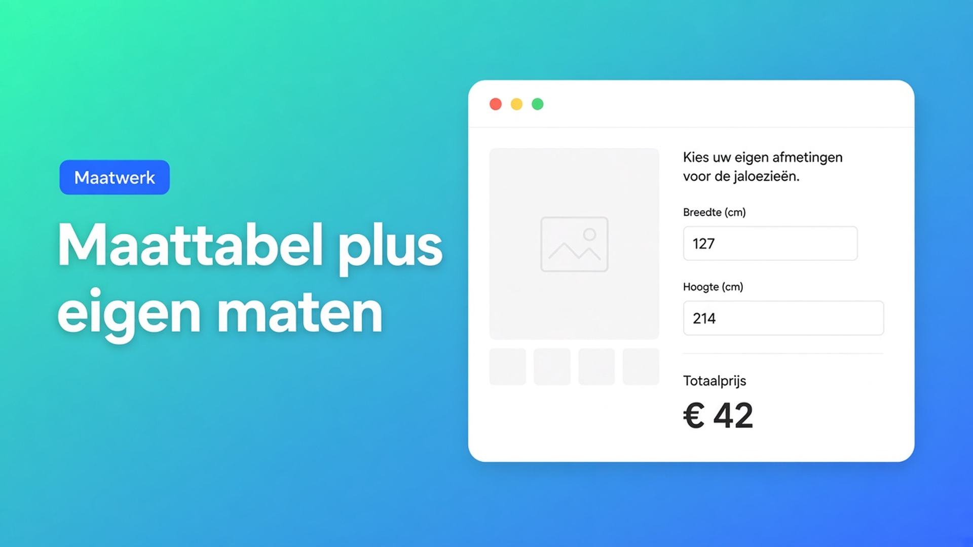 Shopify maattabel met eigen maten: toon hoe je meet, laat breedte en hoogte typen, reken de prijs live — zonder een SKU per centimeter.