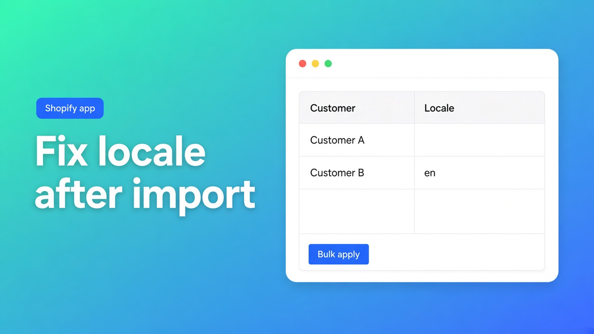 Shopify customer language wrong after import: locale is empty or store-default. Filter, bulk-apply Dutch (nl) or English (en), then Save.