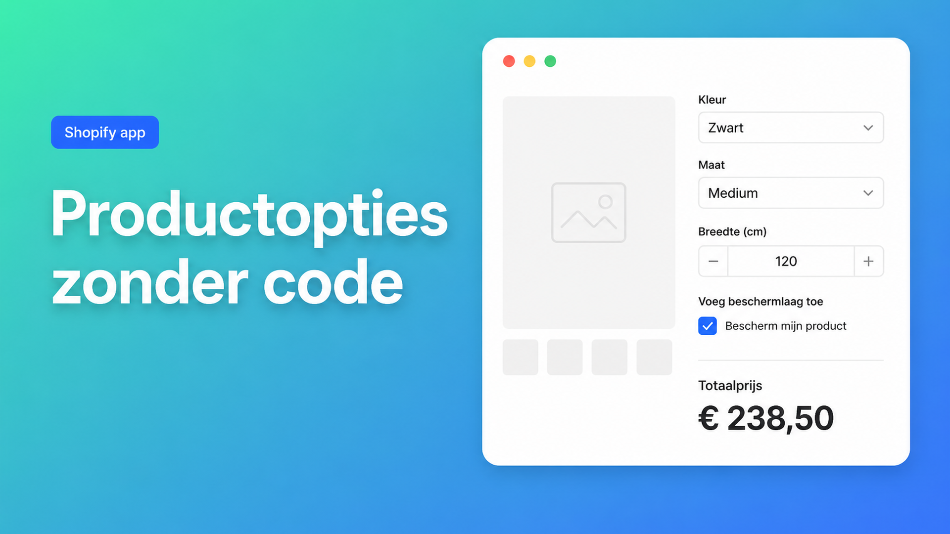 Productopties Shopify zonder code: extra velden en live prijs via een app block in de theme editor. Geen Liquid-hack, geen extra varianten.