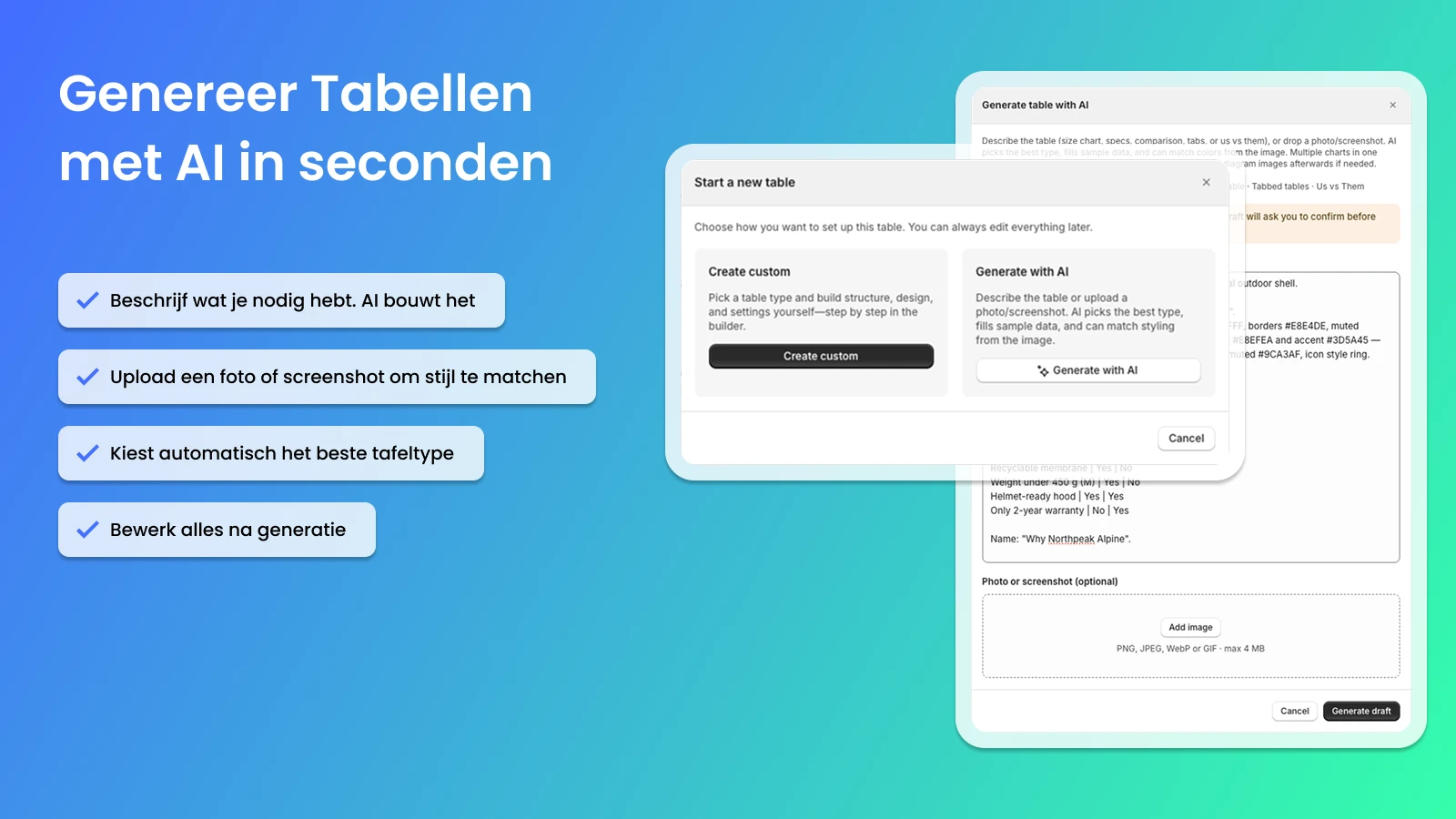 Genereer tabellen met AI in seconden vanuit tekst of screenshot