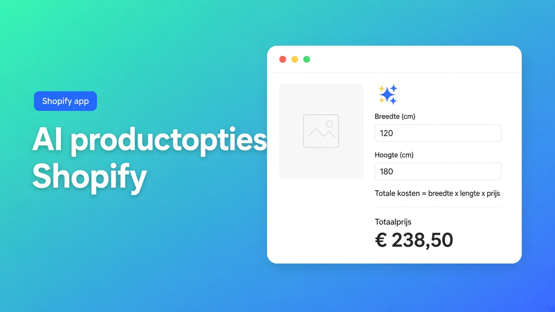AI productopties Shopify: beschrijf je maatwerkproduct, laat de app velden en een prijsformule genereren, en review voordat je live gaat.