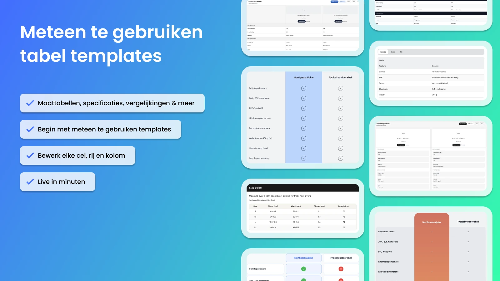 Meteen te gebruiken tabeltemplates voor maattabellen, specs en vergelijkingen