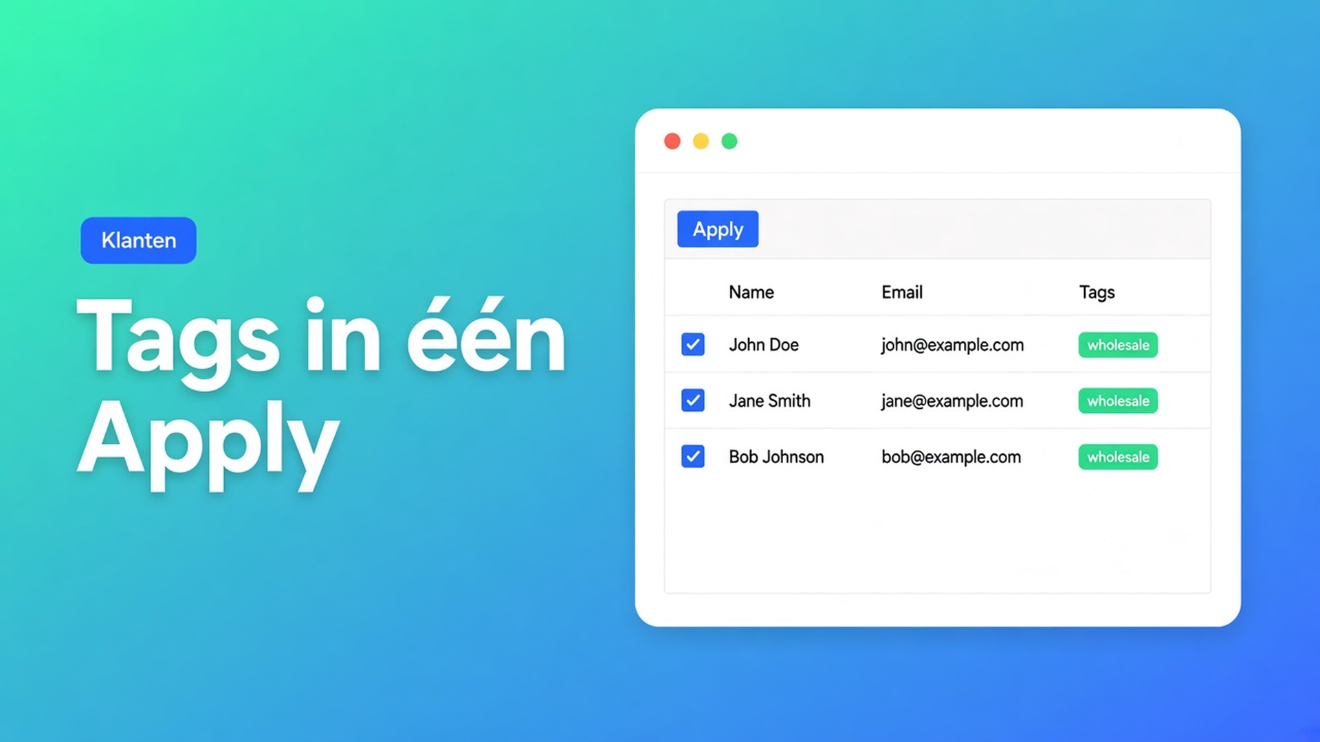 Shopify klant tags bulk wijzigen in de spreadsheet: filter, select-all matching tot 50.000, staged tags, dan Save — naast locale en tax exempt.