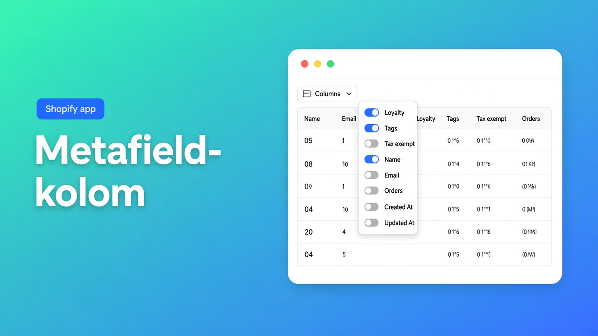 Shopify klant metafield kolom bulk: zet één metafield aan in de Columns-picker, filter lege cellen, bewerk in het raster. Geen 800 open profielen.