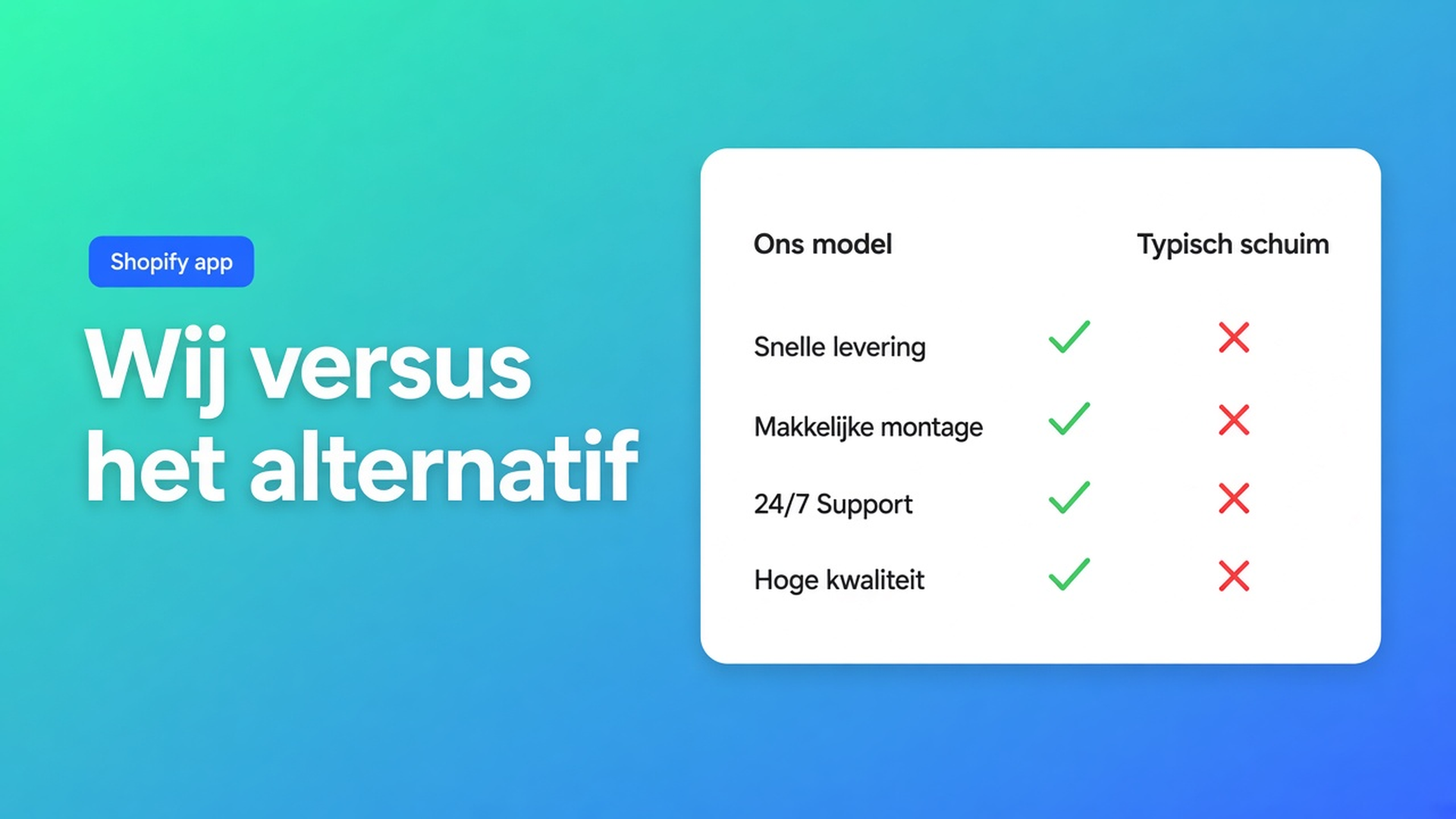 Shopify us vs them tabel: yes/no/text-rijen en optionele CTA’s. Kies het table-ID in het theme block — geen auto-inject naast Add to cart.