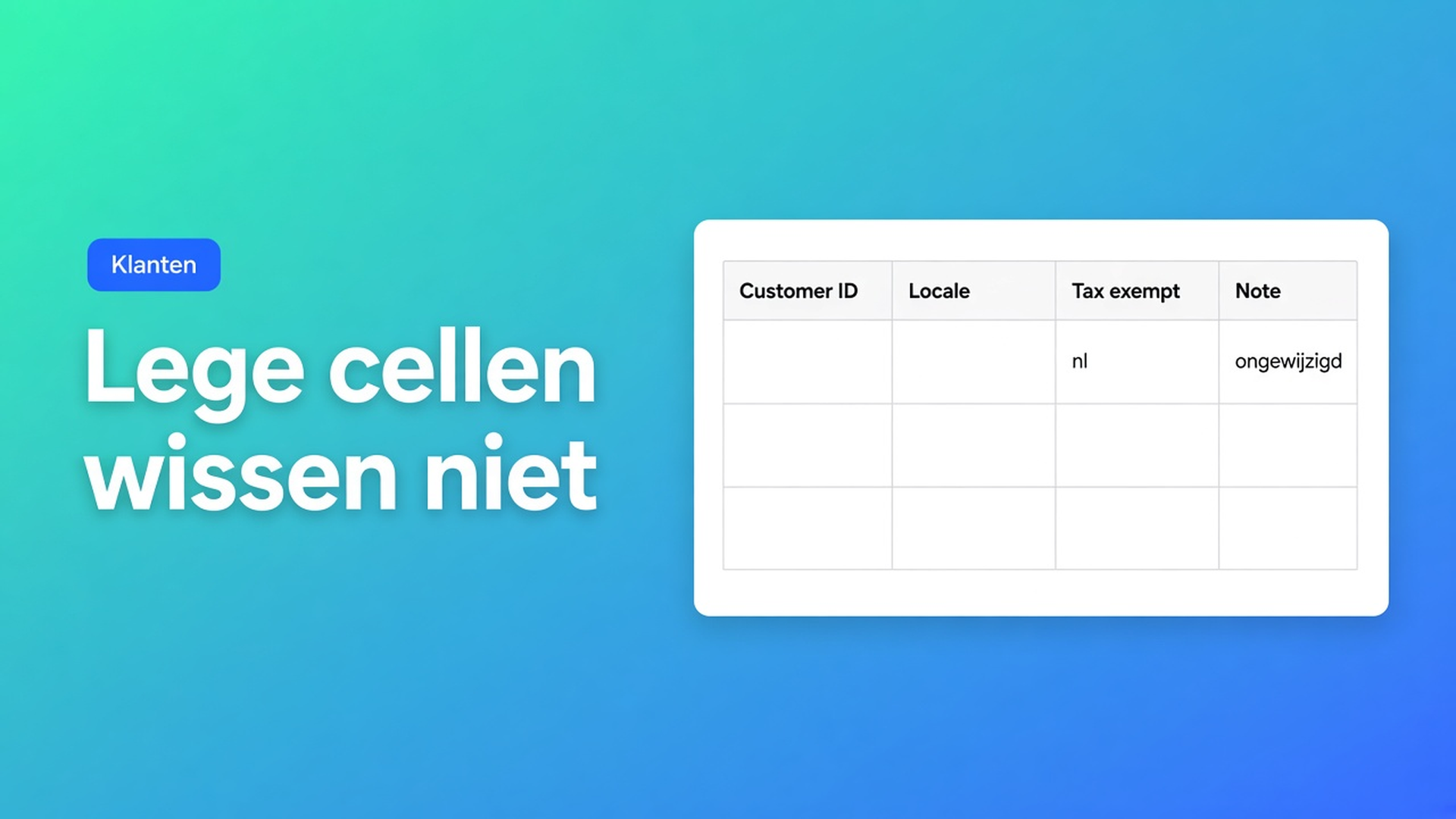 Shopify CSV import lege cellen: bij een update wissen ze niets. Vul alleen locale of tax exempt, laat de rest leeg — notes en tags blijven.