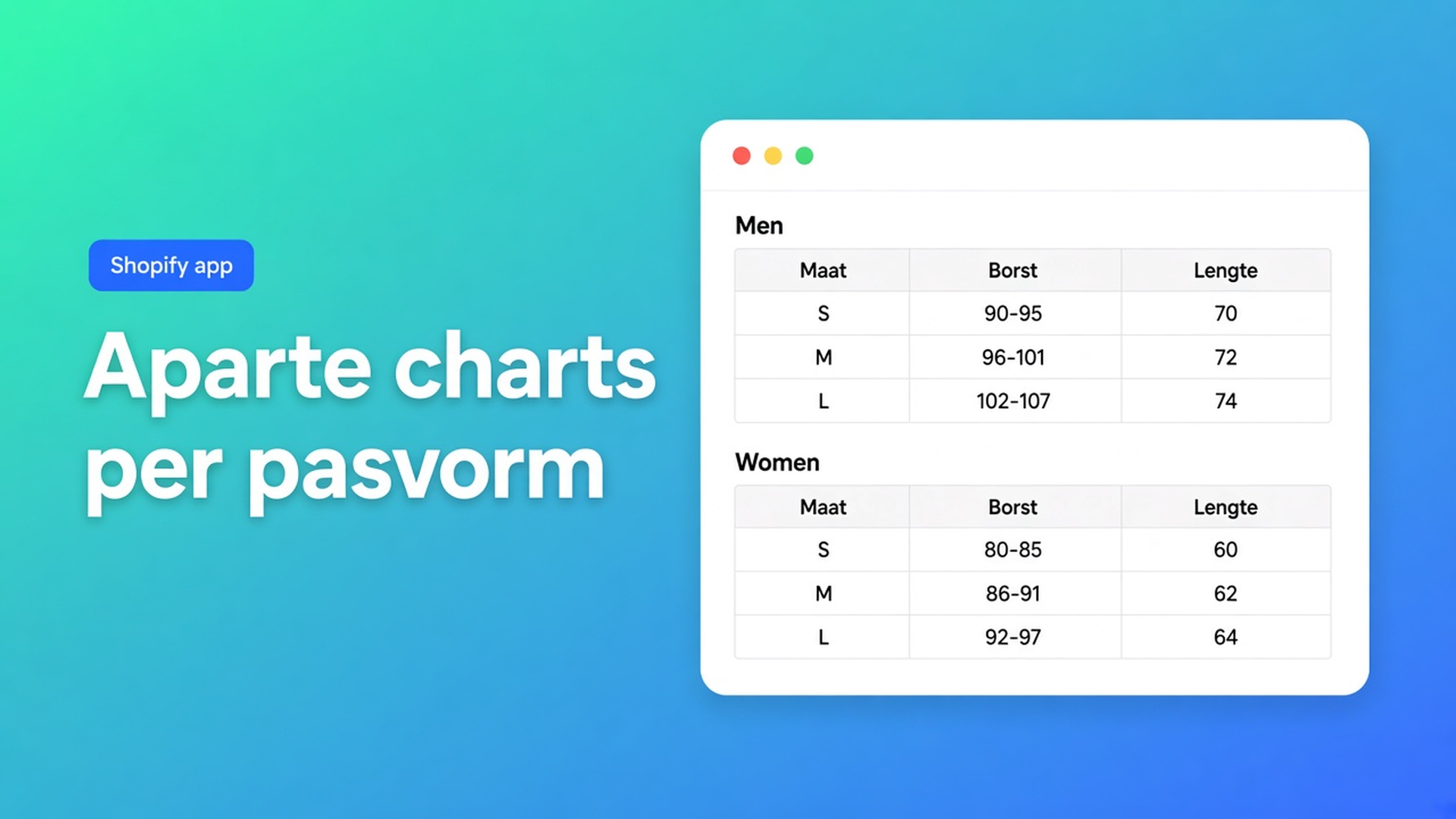 Shopify meerdere size charts: geen één rommelige tabel. AI splitst Men + Women uit één screenshot; visibility bepaalt welke chart op welk product staat.