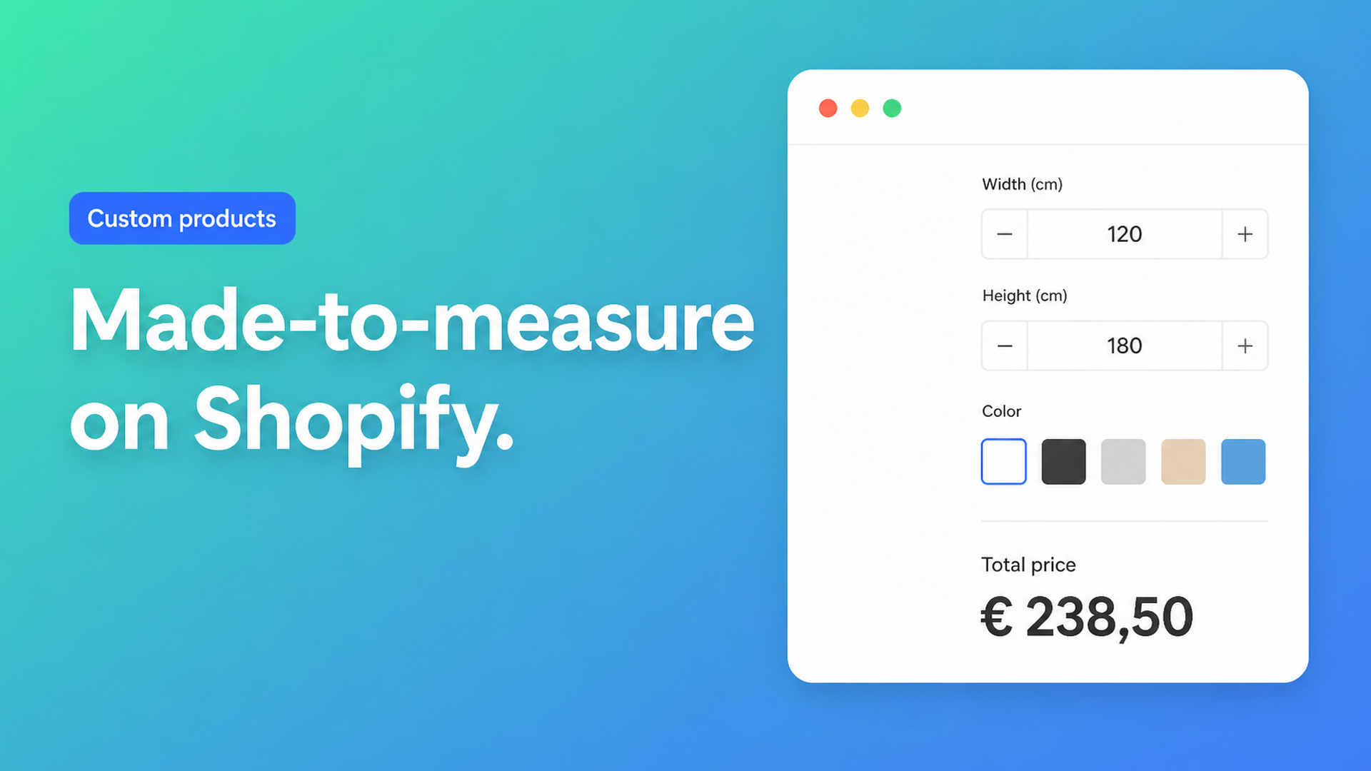Made-to-measure Shopify means shoppers type width and height and see a live price. Keep variants for real SKUs, not every millimetre of a custom size.