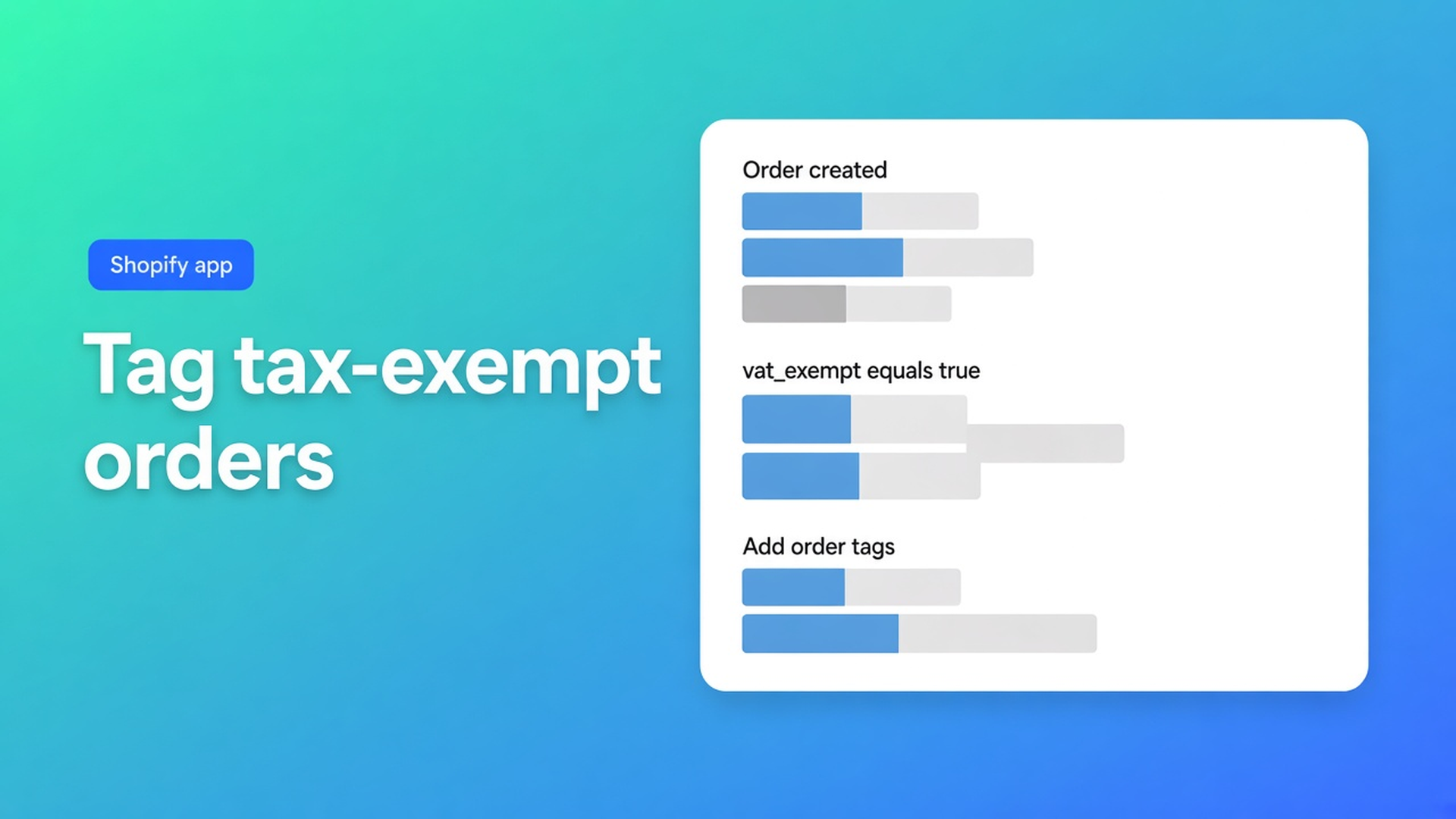 Shopify tag tax exempt wholesale orders: the app writes vat_exempt=true. You add the order tag in Flow — it is not a built-in app tag.