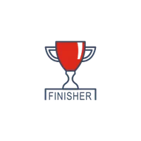 Rote Trophäe mit blauer Umrandung und vertikalem "FINISHER"-Schriftzug auf weißem Hintergrund.