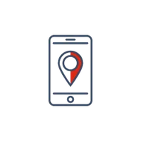 Horizontales Smartphone mit einer rot-weißen Standortnadel, die nach links zeigt.