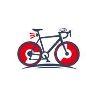 Stylisiertes blaues Fahrrad mit roten Rädern, vertikal an einer Wandhalterung hängend, mit rotem Warnsymbol.