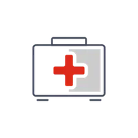 Erste-Hilfe-Kasten-Symbol: Eine weiße Box mit rotem Kreuz und grauem Unterteil.