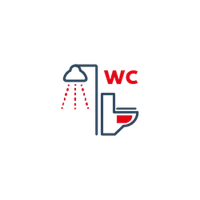 Blau-rotes Piktogramm einer Toilette und vertikalem "WC"-Schriftzug.