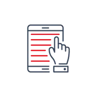 Hand zeigt auf ein Tablet mit roten vertikalen Linien, symbolisiert eine Scanfunktion oder Barcode.