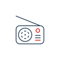 Blaues Umriss-Icon eines kleinen Radios mit Lautsprechergitter, roten Knöpfen und Antenne.