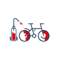Stilisiertes Fahrrad mit roten, Rädern und einer Spritze mit Flüssigkeit zum Waschen von Rädern