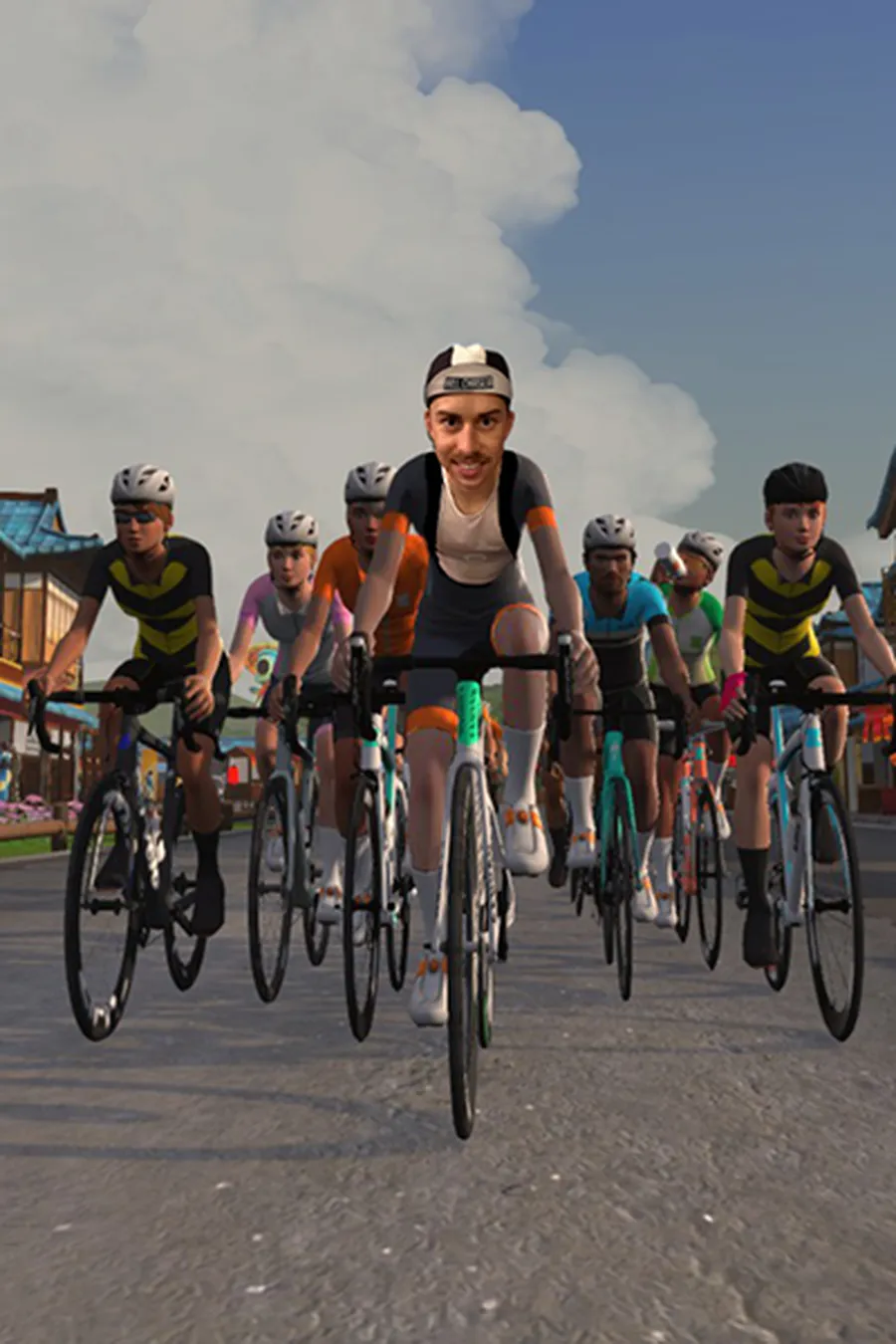 A group of cyclists, led by an avatar with a real face, ride through a virtual Japanese-style village under a cloudy sky.