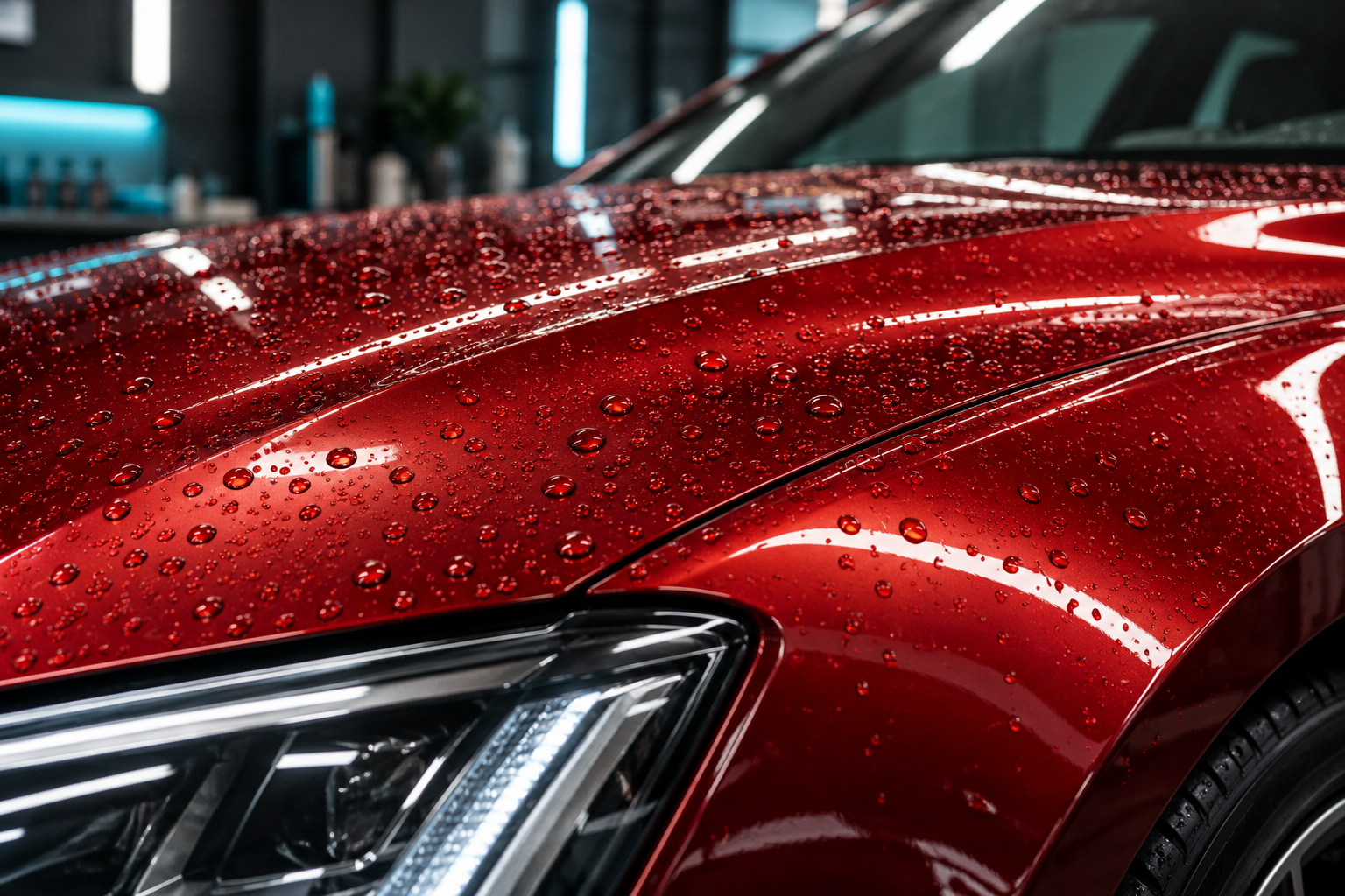 Rote Fahrzeugfront mit glänzendem Lack und Wasserperlen als Motiv für Politur und Nano-Versiegelung.