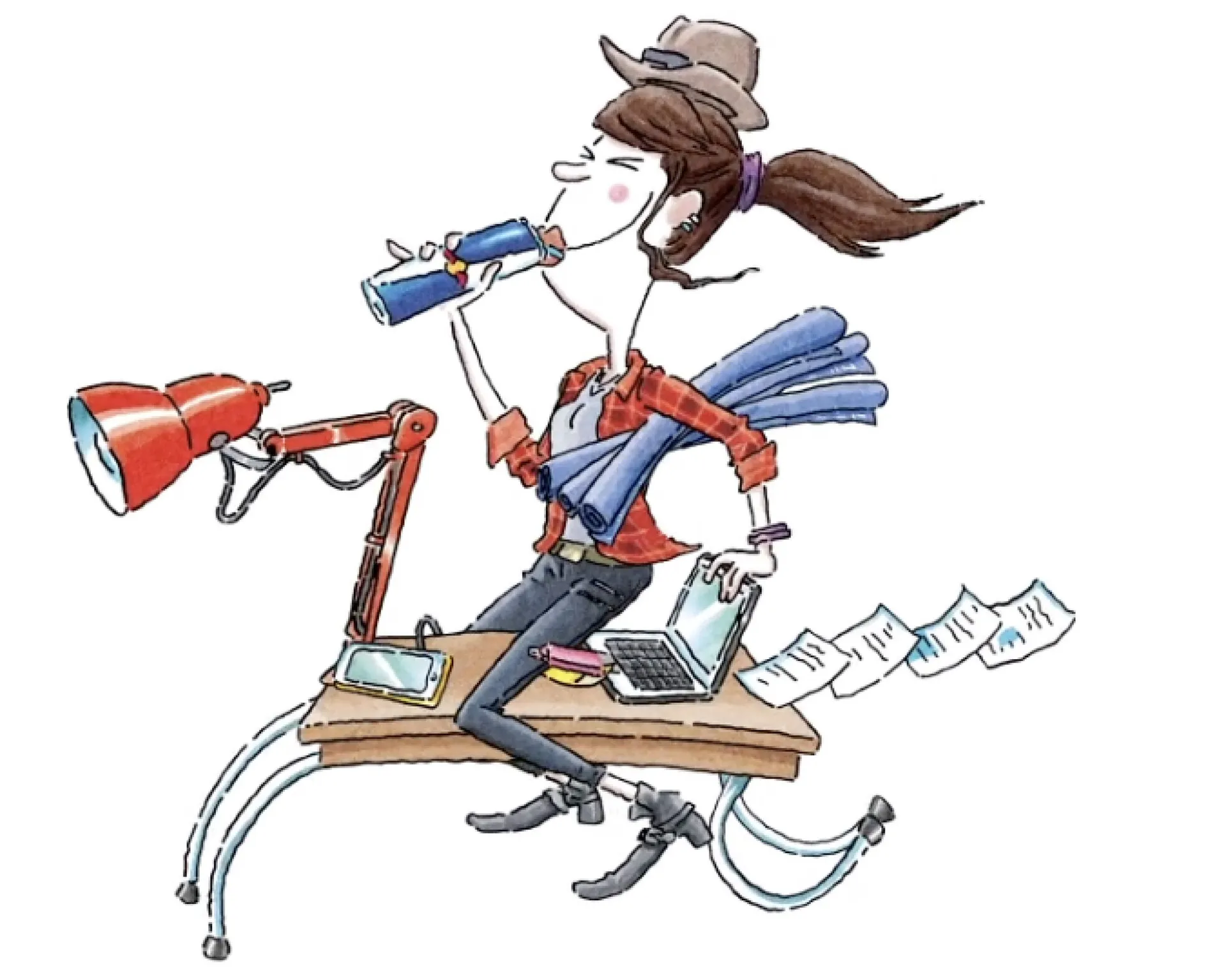 Illustratie van een energieke medewerker met Red Bull aan het bureau