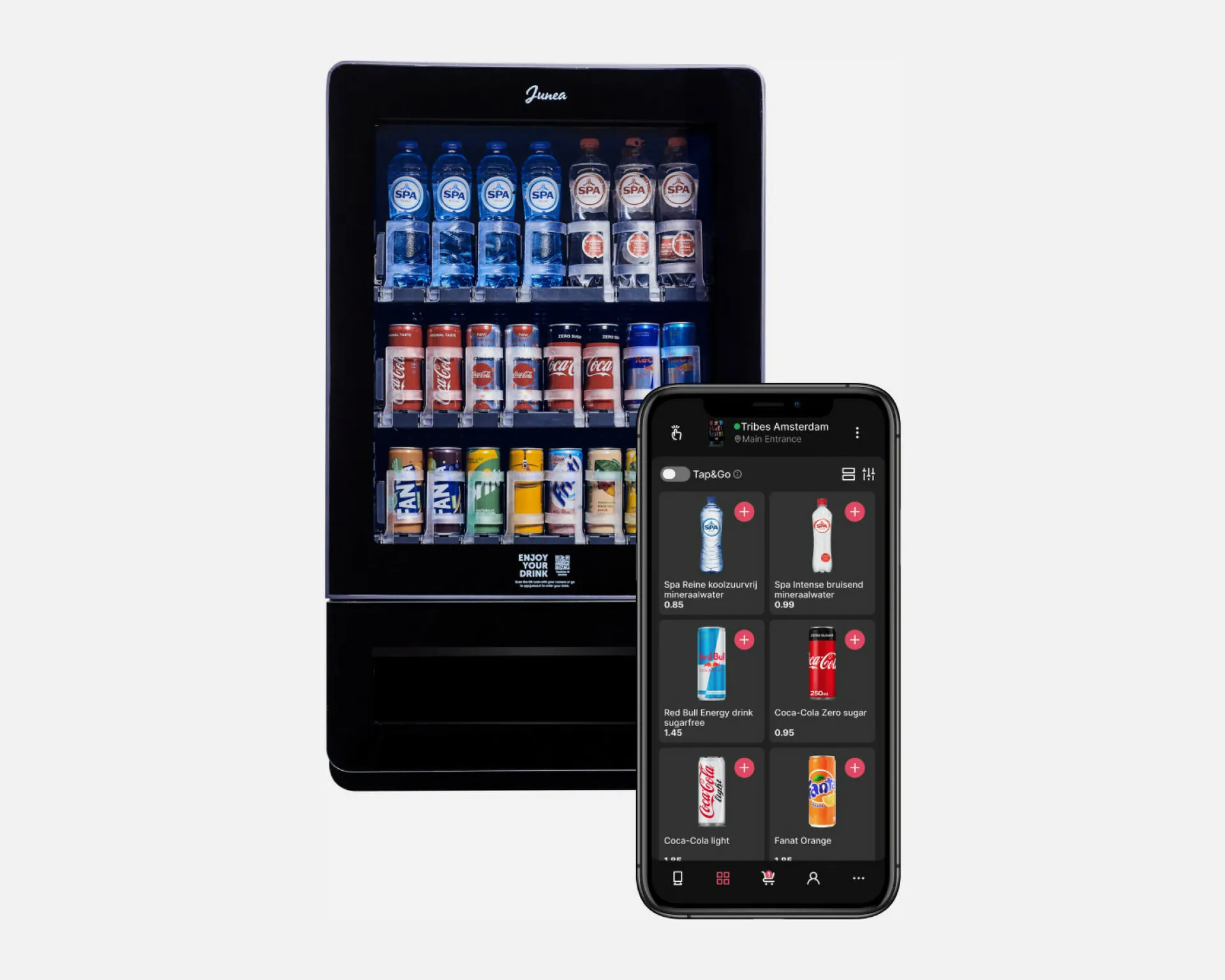 Junea Drinks met Red Bull naast een smartphone met het assortiment