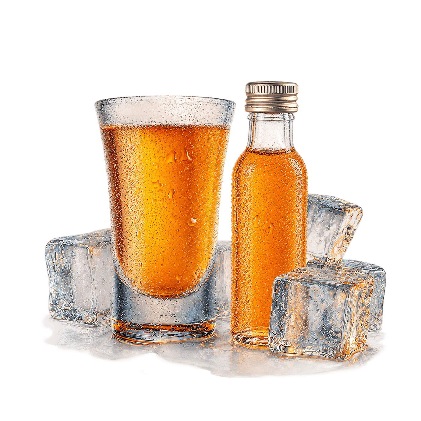Een ijskoud, beslagen shotglas en een miniflesje gevuld met amberkleurige drank, omringd door ijsblokjes op een witte achtergrond.