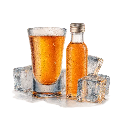 Een ijskoud, beslagen shotglas en een miniflesje gevuld met amberkleurige drank, omringd door ijsblokjes op een witte achtergrond.