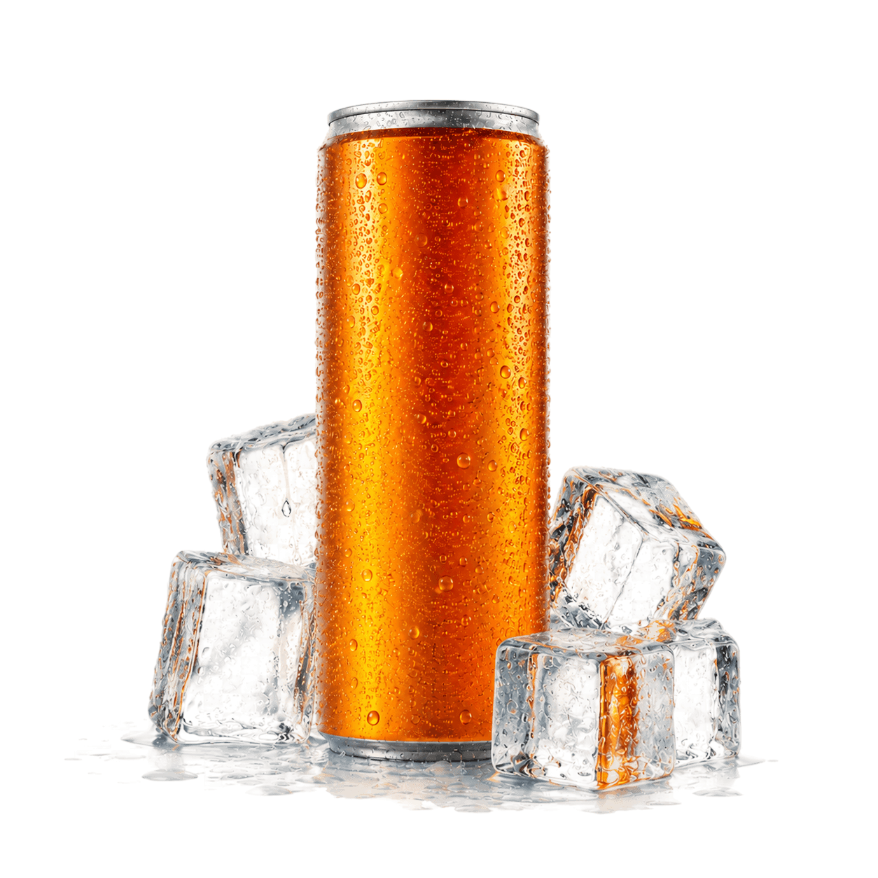 Een gekoeld oranje drankblikje omringd door smeltende ijsklontjes op een witte achtergrond.