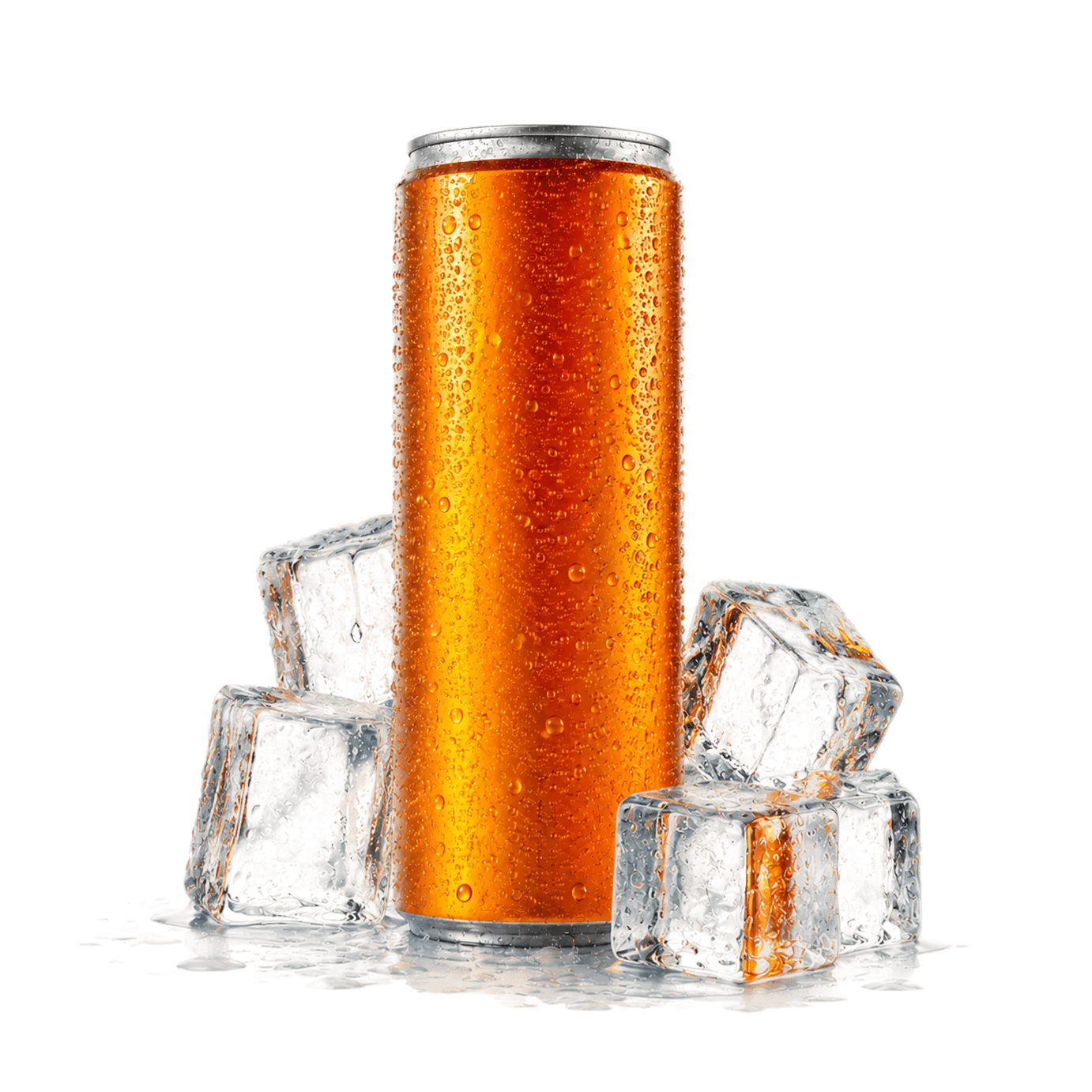 Een gekoeld oranje drankblikje omringd door smeltende ijsklontjes op een witte achtergrond.