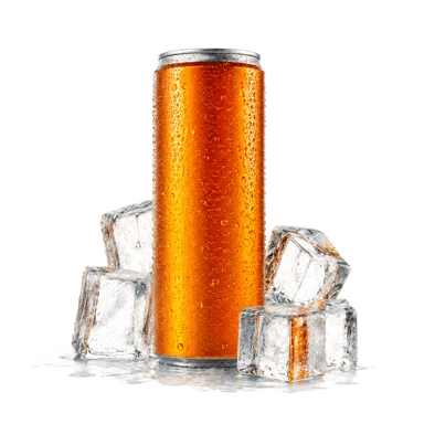 Een gekoeld oranje drankblikje omringd door smeltende ijsklontjes op een witte achtergrond.