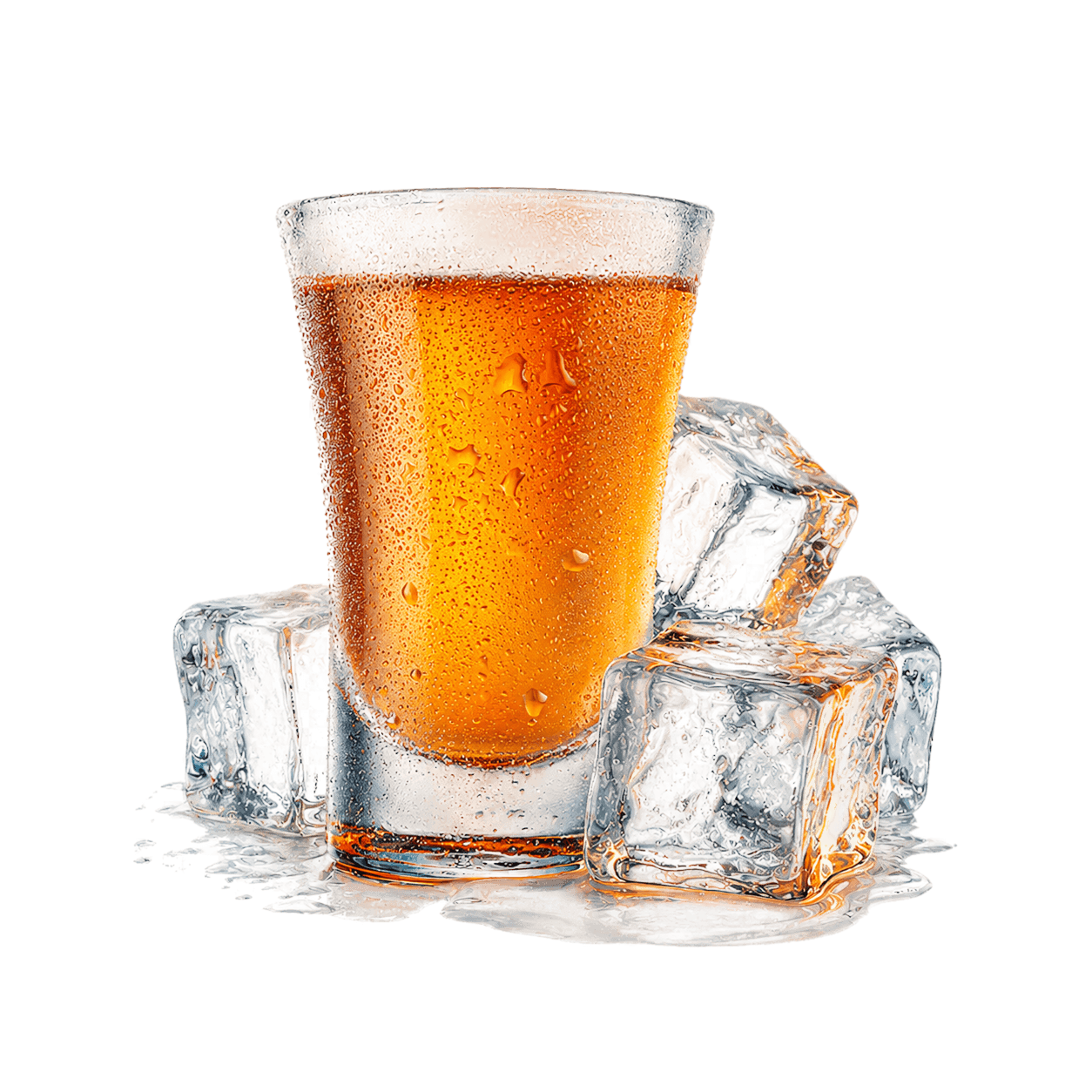 Een shotglas gevuld met koude drank, omringd door ijsklontjes.