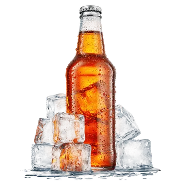 Een glazen fles bier met condensdruppels, omringd door smeltende ijsklontjes op een witte achtergrond.