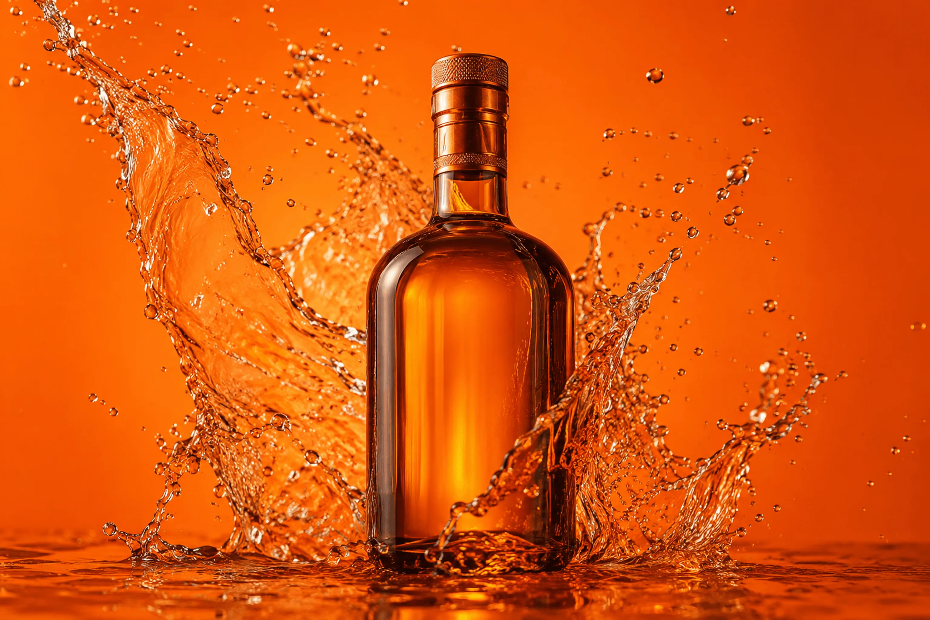 Glazen fles drank met een dynamische vloeistofspat op een oranje achtergrond.