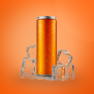 Een gekoeld oranje drankblikje omringd door smeltende ijsklontjes op een witte achtergrond.