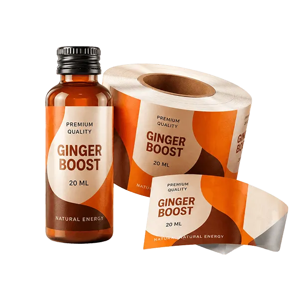 Rol met productetiketten voor Ginger Boost shotjes.