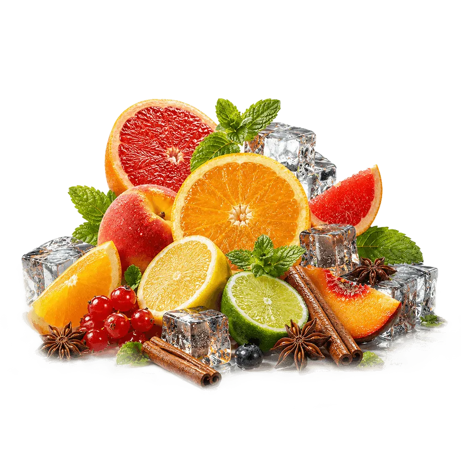 Assortiment van vers fruit zoals sinaasappel en grapefruit met ijsklontjes en kaneelstokjes.