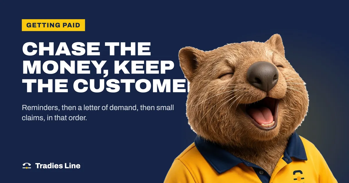 Wombo, the Tradies Line office manager, smiling, next to the words Chase the money, keep the customer