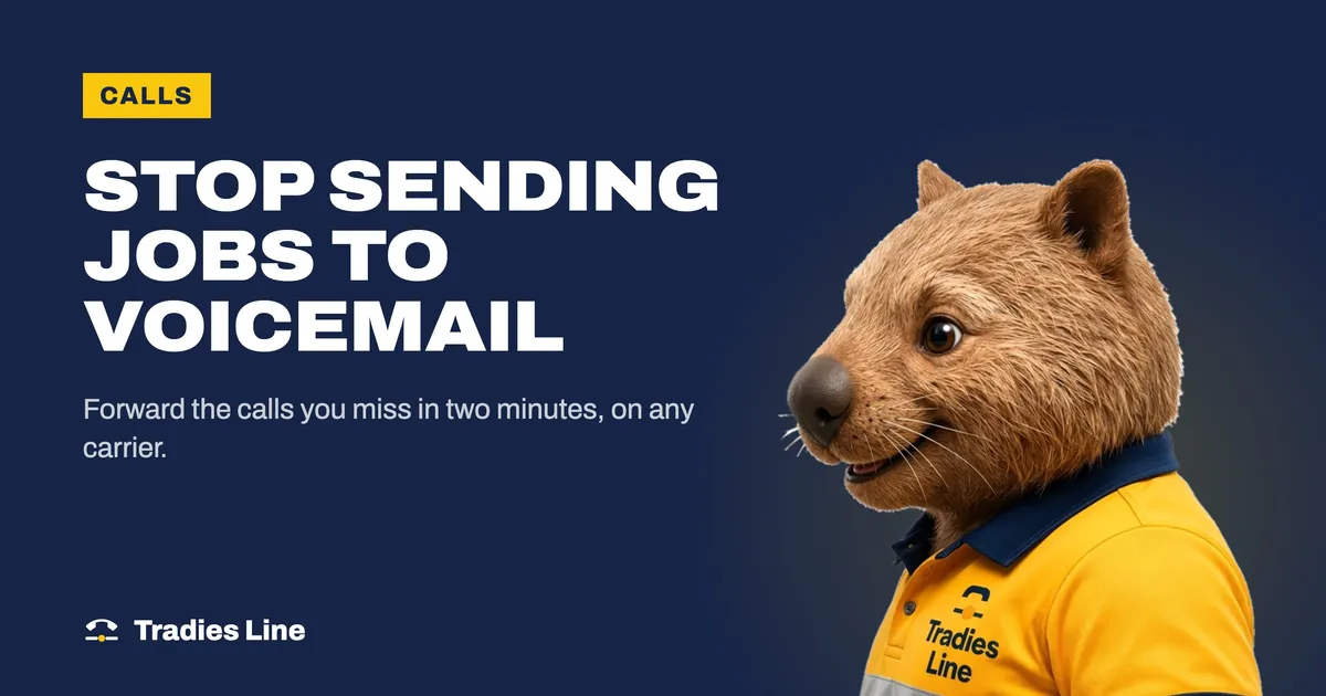 Wombo, the Tradies Line office manager, on the phone, next to the words Stop sending jobs to voicemail