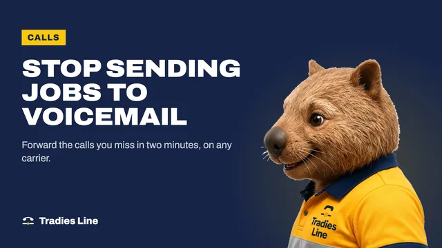 Wombo, the Tradies Line office manager, on the phone, next to the words Stop sending jobs to voicemail